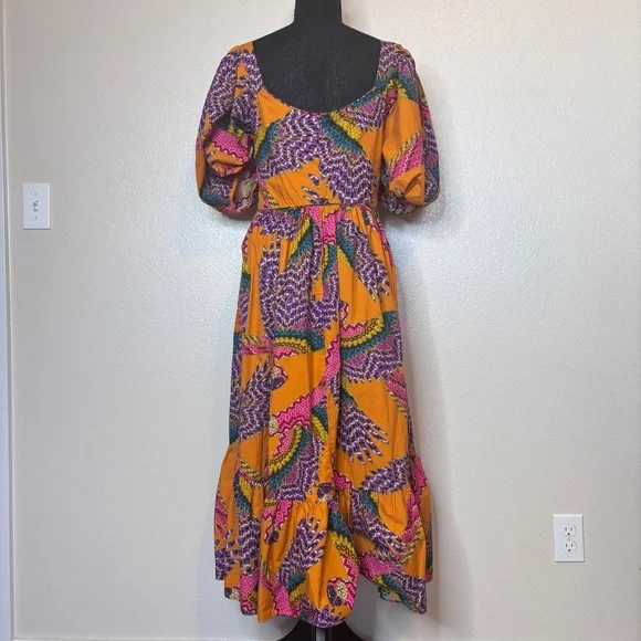 FARM RIO Macaw Puff-Sleeve Orange Midi Dress Size Large‎